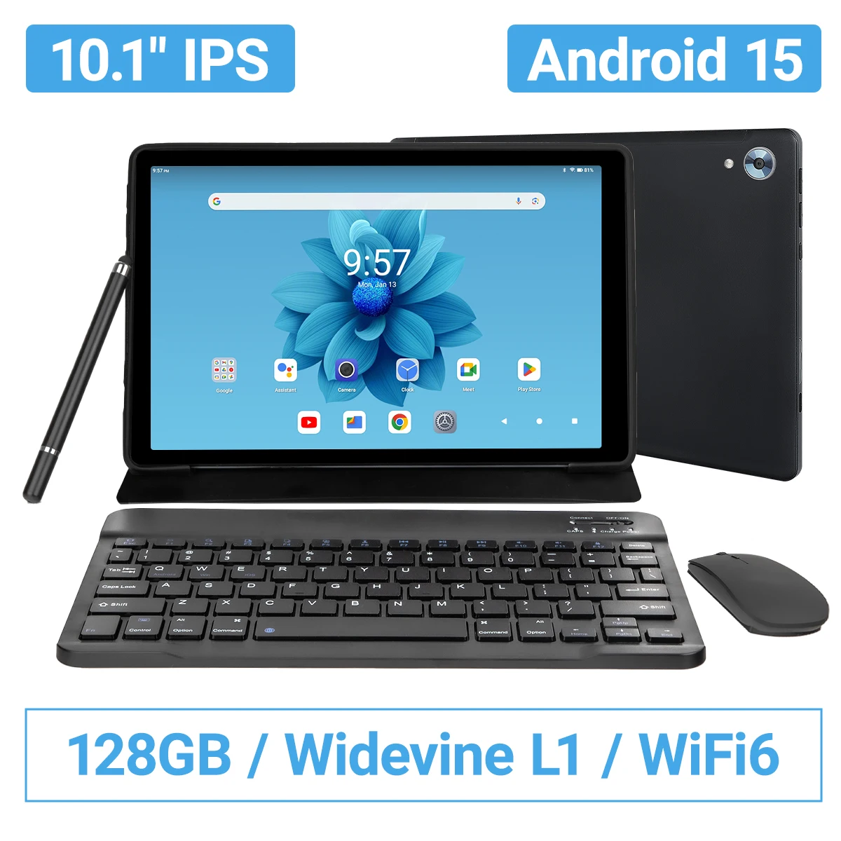 Tablet URAO de 10 Polegadas Android 15, Tablets de 8 Núcleos, 24GB+128GB, Expansão de 1TB, WiFi 6, Câmeras de 5MP+8MP, Conjunto com Stylus, Teclado, Mouse e Fone de Ouvido