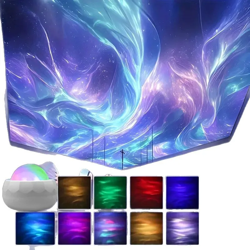 360 ° Projetor LED Aurora Rotativo, 7 Modos RGB, Luz Noturna USB com Controle Remoto para Decoração de Quarto e Home Theater