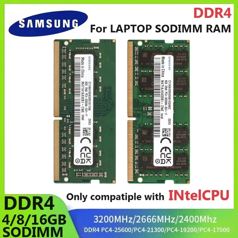 Memória RAM SAMSUNG para Laptop DDR4 SODIMM 4GB 8GB 3200MHz 16GB 2666MHz 2400MHz para CPU Intel PC4 2400T 2666V 3200