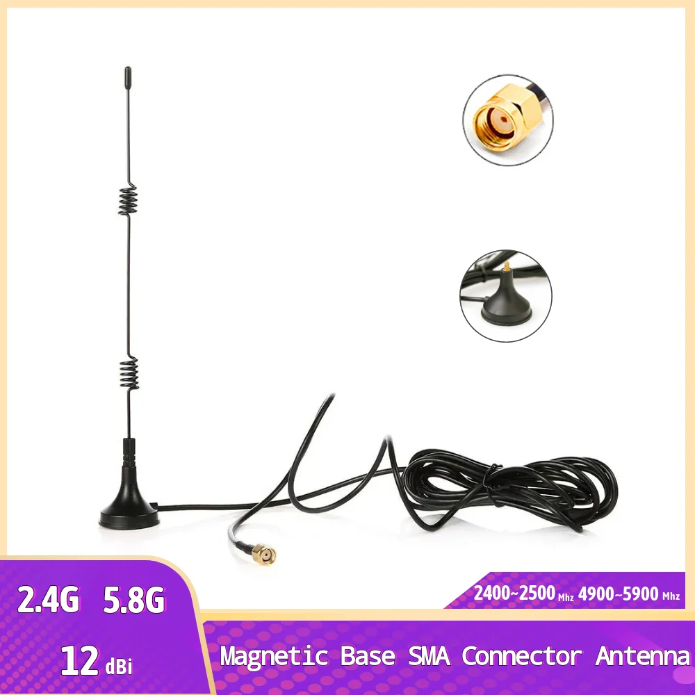 Antena Externa/Interna Magnética 2.4G/5G 12dBi com Conector RP-SMA para Roteador Wifi, Modem, Antena GR174, Cabo de 3 Metros