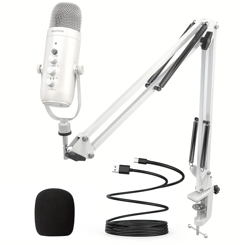 Haomuren profissional usb streaming podcast pc microfone estúdio cardióide condensador microfone kit com braço de lança para gravação youtube