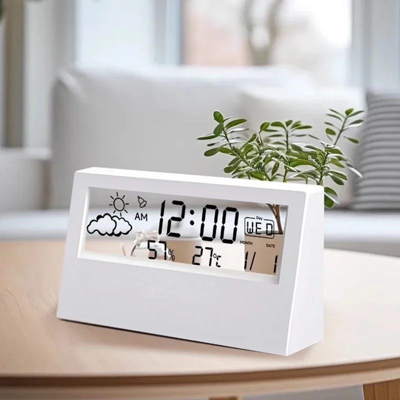 LCD Desktop Despertador Calendário Transparente Tempo e Display Digital de Temperatura e Umidade Eletrodoméstico Vida Inteligente
