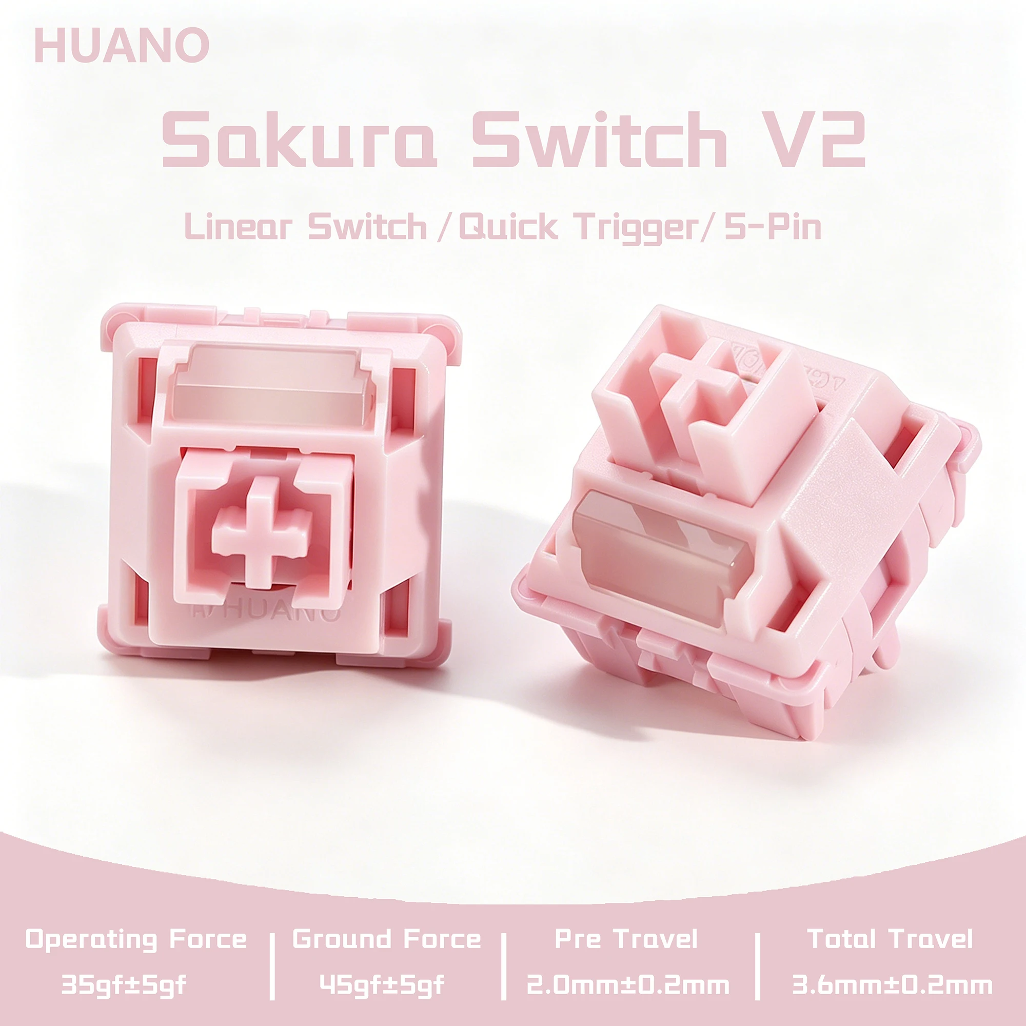Switches HUANO Sakura V2 V3 Rosa 35gf 42gf 5 Pinos Lineares Cremosos para Teclado Mecânico Gamer DIY 60% POK POM PA66