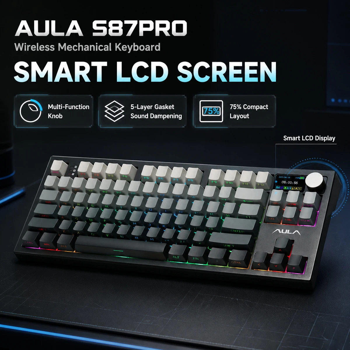 Teclado Mecânico AULA S87 PRO com Retroiluminação RGB Personalizável, Teclado Gamer Sem Fio Bluetooth com Display e Knob, Hot Swapping e Gasket