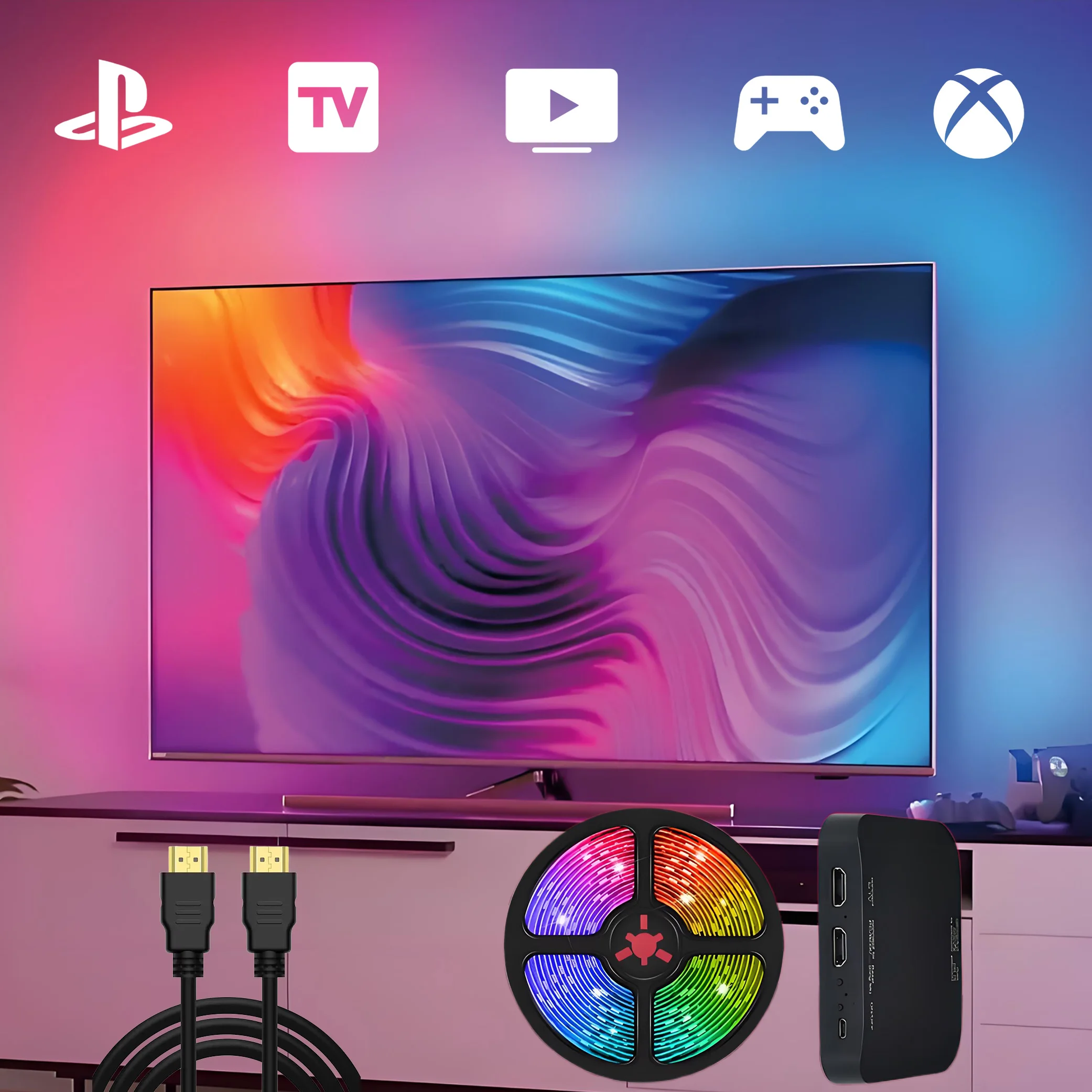 Iluminação de Fundo HDMI Sincronizada para TVs de 40-85 Polegadas, Luzes para Jogos sem Necessidade de Aplicativo com Correspondência de Cores em Tempo Real, para Home Theater de Natal Iluminação de Fundo HDMI Sincronizada para TVs de 40-85 Polegadas, Luzes para Jogos sem Necessidade de Aplicativo com Correspondência de Cores em Tempo Real, para Home Theater de Natal