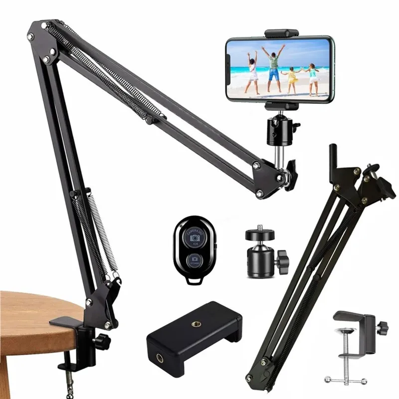 Tripé Flexível com Braço Articulado para Celular, Suporte de Mesa Dobrável, Âncora para Desktop, Laptop, Vídeo, Transmissão ao Vivo, Fotografia Aérea