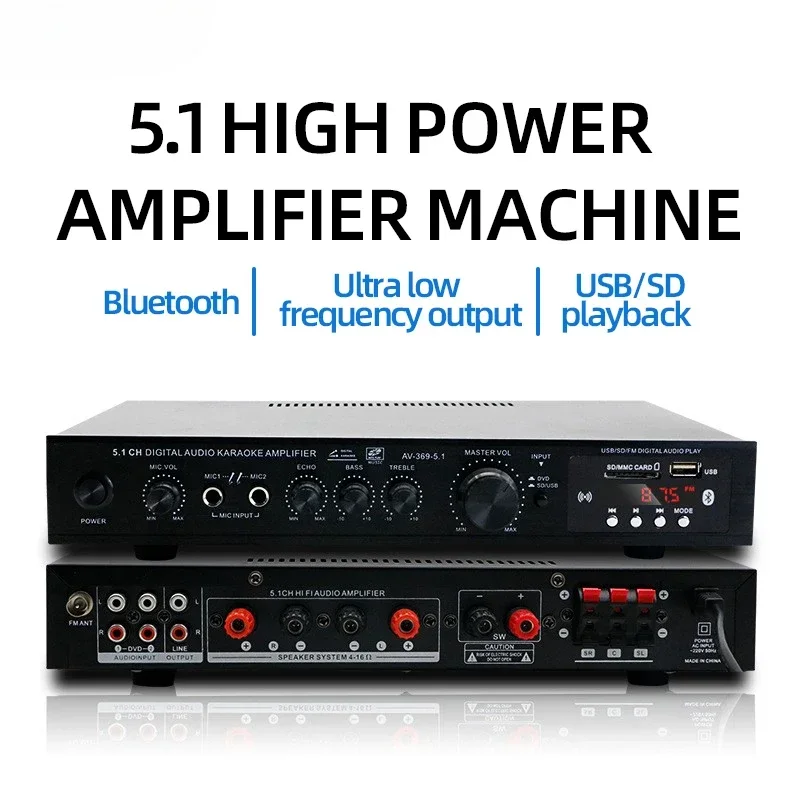 AV-369BT Bluetooth 5.1 Amplificador de alto-falante de som, receptor amplificador de áudio estéreo, componentes de sistema estéreo de áudio de home theater de 6 canais