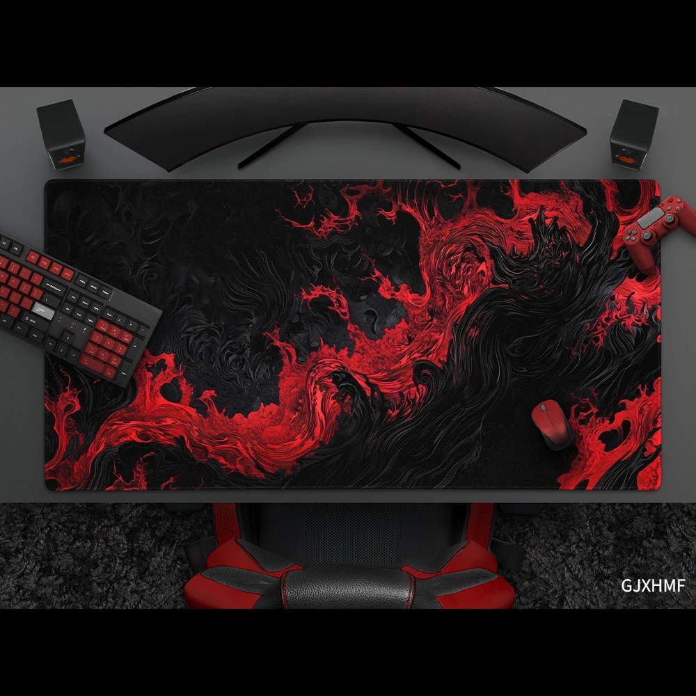 Mousepad Preto e Vermelho Estiloso, Tapete de Mesa Abstrato com Efeito de Lava, Mouse Pad Grande para Jogos e Escritório em Casa, Acessórios, Presente Estiloso para Gamers
