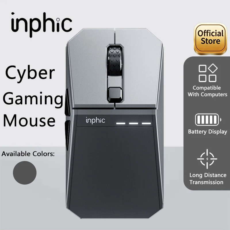 Mouse Gamer Sem Fio Bluetooth INPHIC YuanChuang-Cyber com Três Modos, 12800DPI e Efeito de Luz RGB