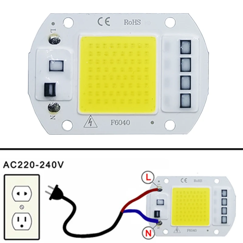 Lâmpada LED COB com Chip 10W 20W 30W 50W AC 220V 240V IP65 Smart IC Sem Necessidade de Driver, Lâmpada LED para Projetor DIY, Holofote, Lâmpada de Exterior, Lâmpada de Bead