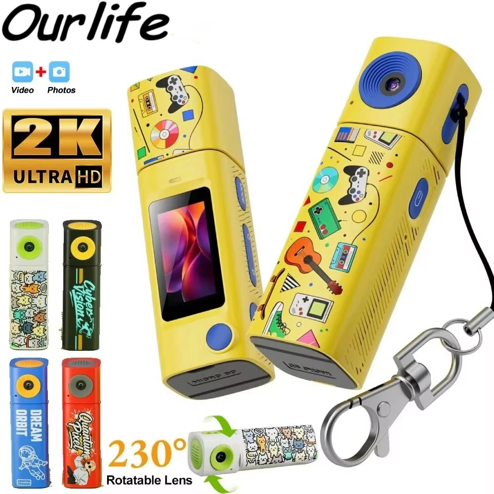 Câmera Mini Ourlife 2K 230 ° Câmera Digital Mini Flip the Lens, Filmadora Portátil Muito Pequena, Câmera de Chaveiro