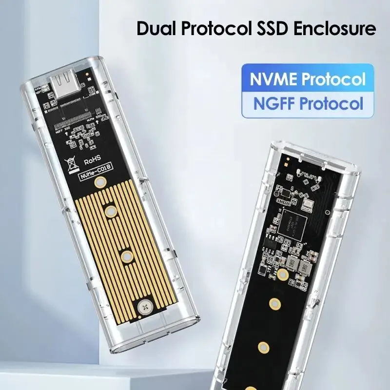Caixa de disco rígido externo transparente, M.2 NVME, PCIe, NGFF, protocolo duplo SATA, caso SSD, transparente, USB tipo C, 10Gbps, PCI-E, M2, M2