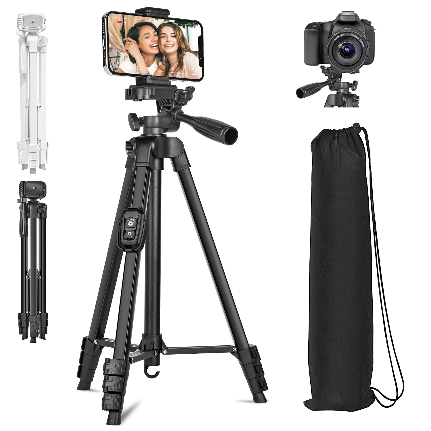 Tripé de câmera de 60 polegadas/152cm com bolsa de viagem, tripé de telefone móvel com controle remoto, suporte portátil profissional de liga de alumínio