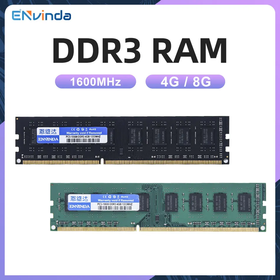 Envinda 4GB 8GB Desktop Memoria Ram DDR3 DDR3L 1600MHz PC3-12800U PC3-10600 DIMM 1.5V 1.35V Memória não ECC