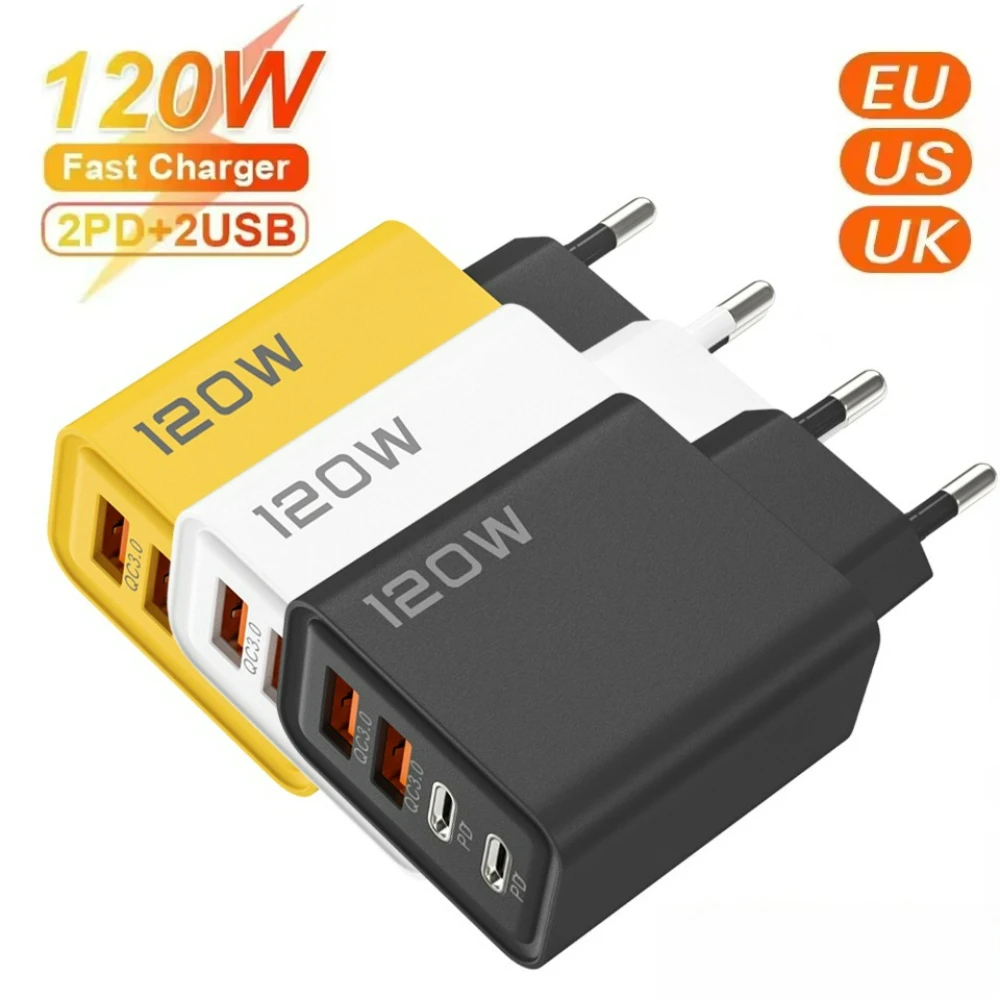 Carregador USB de 4 portas 120W QC3.0 com carregamento rápido USB Tipo-C, adaptador para celular Tipo-C com plugue EU/US para iPhone, Samsung e Xiaomi Carregador USB de 4 portas 120W QC3.0 com carregamento rápido USB Tipo-C, adaptador para celular Tipo-C com plugue EU/US para iPhone, Samsung e Xiaomi