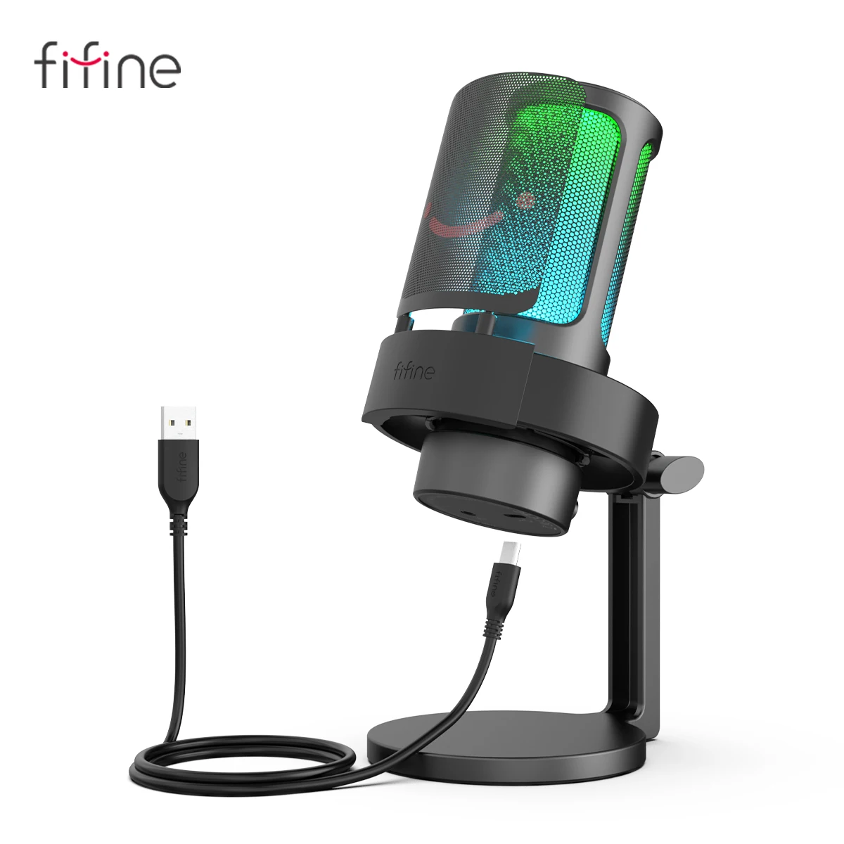 FIFINE Microfone USB para gravação e streaming no PC e Mac, saída para fone de ouvido e botão de toque para silenciar, microfone com 3 modos RGB -A8