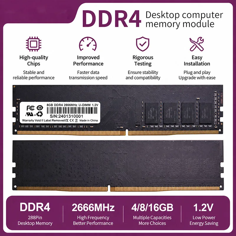 Memória RAM DDR4 4GB 8GB 16GB PC4 Desktop 288Pin UDIMM 1.2V Módulo de Memória Compatível com Intel AMD PC Upgrade Plug and Play Fácil Instalação Alta Velocidade Desempenho Estável Baixo Consumo de Energia