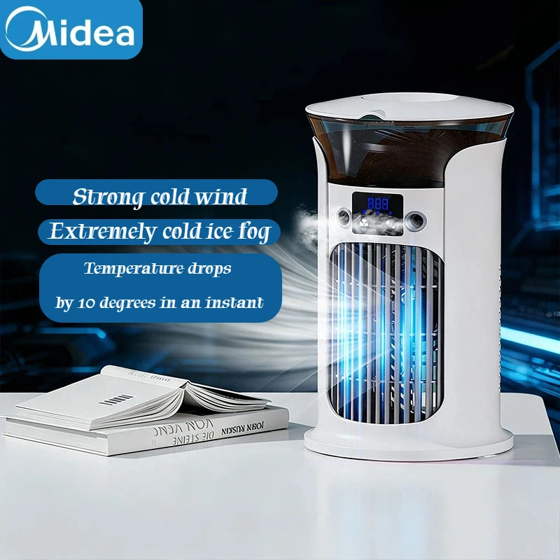 Ventilador de Ar Condicionado Mini Portátil USB Midea Silencioso para Casa, Quarto, Acampamento, Umidificador, Ventilador de Resfriamento com Névoa de Água, Lâmpada Noturna