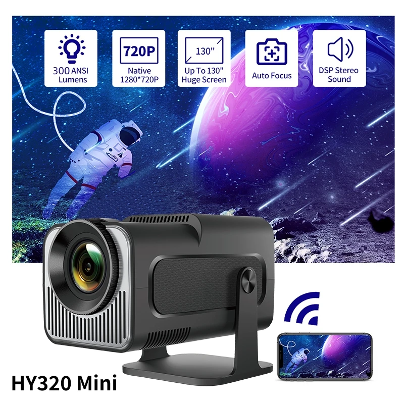 Projetor Salange HY320 MINI Android 14.0 LED Beamer Home Cinema 300ANSI 720P WIFI Smart TV HD 1080P 4K para Filmes Projetor Salange HY320 MINI Android 14.0 LED Beamer Home Cinema 300ANSI 720P WIFI Smart TV HD 1080P 4K para Filmes
