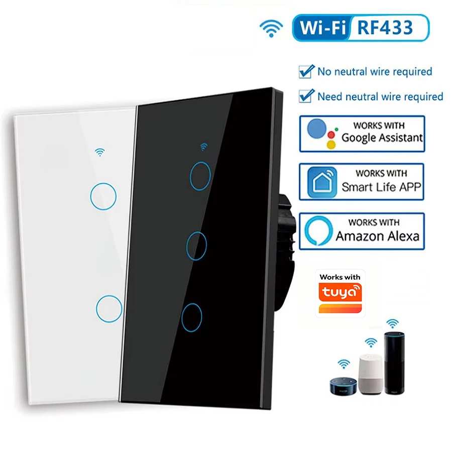 Interruptor de Parede Inteligente WiFi dos EUA com Sensor de Toque, Interruptores de Luz LED RF433 1/2/3/4 Gangue, Compatível com o APP Tuya Smart Home, Alexa e Google Home