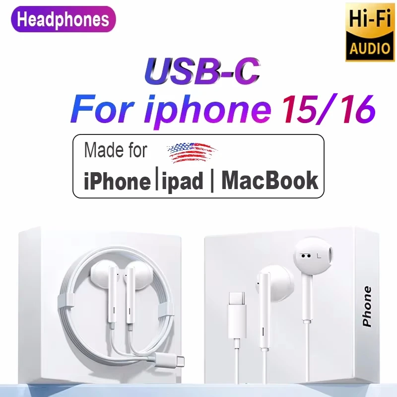 Tipo c fones de ouvido com fio para música iphone 15 16 17 pro max com microfone para sumsung xiaomi huawei usb c tablet earplug