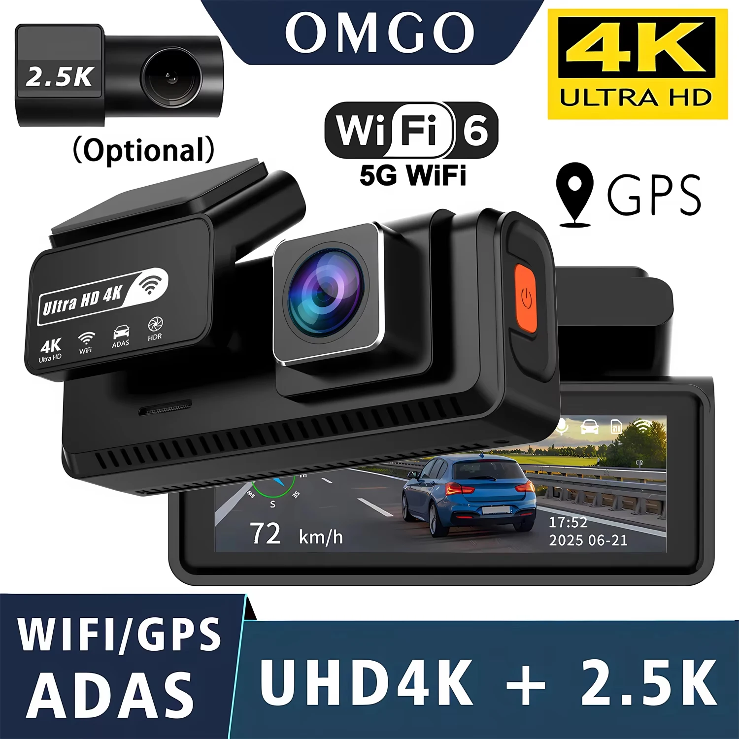 Câmera Veicular ADAS 4K+2.5K GPS WIFI Visão Noturna 24H Mini Câmera DVR com Lente Traseira Opcional para Carro Caixa Preta