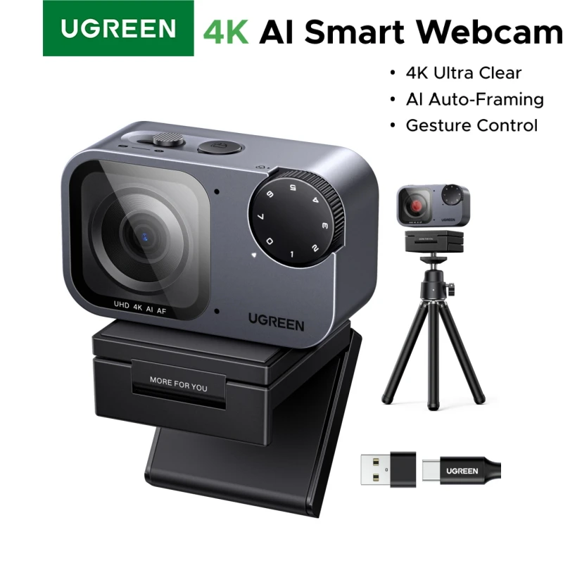 Webcam UGREEN FineCam Pro AI Smart PC 2K 4K, Microfone com Cancelamento de Ruído AI, Foco PDAF, Controle por Gestos para Câmera de Streaming