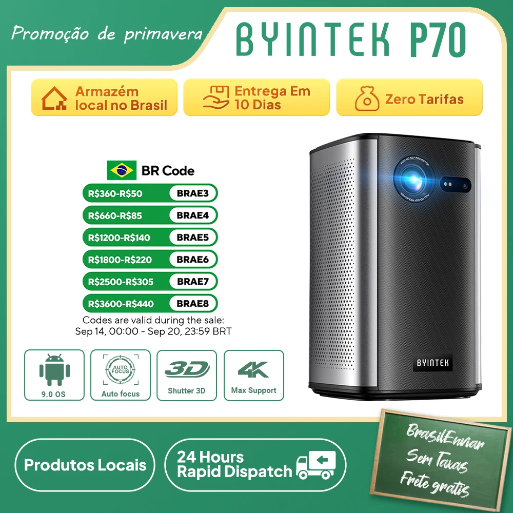 BYINTEK P70 Projetor 4K 1080P DLP Mini Projetor Portátil Home Theater Inteligente Wi-Fi e Bluetooth para Filmes e Jogos Com Bateria