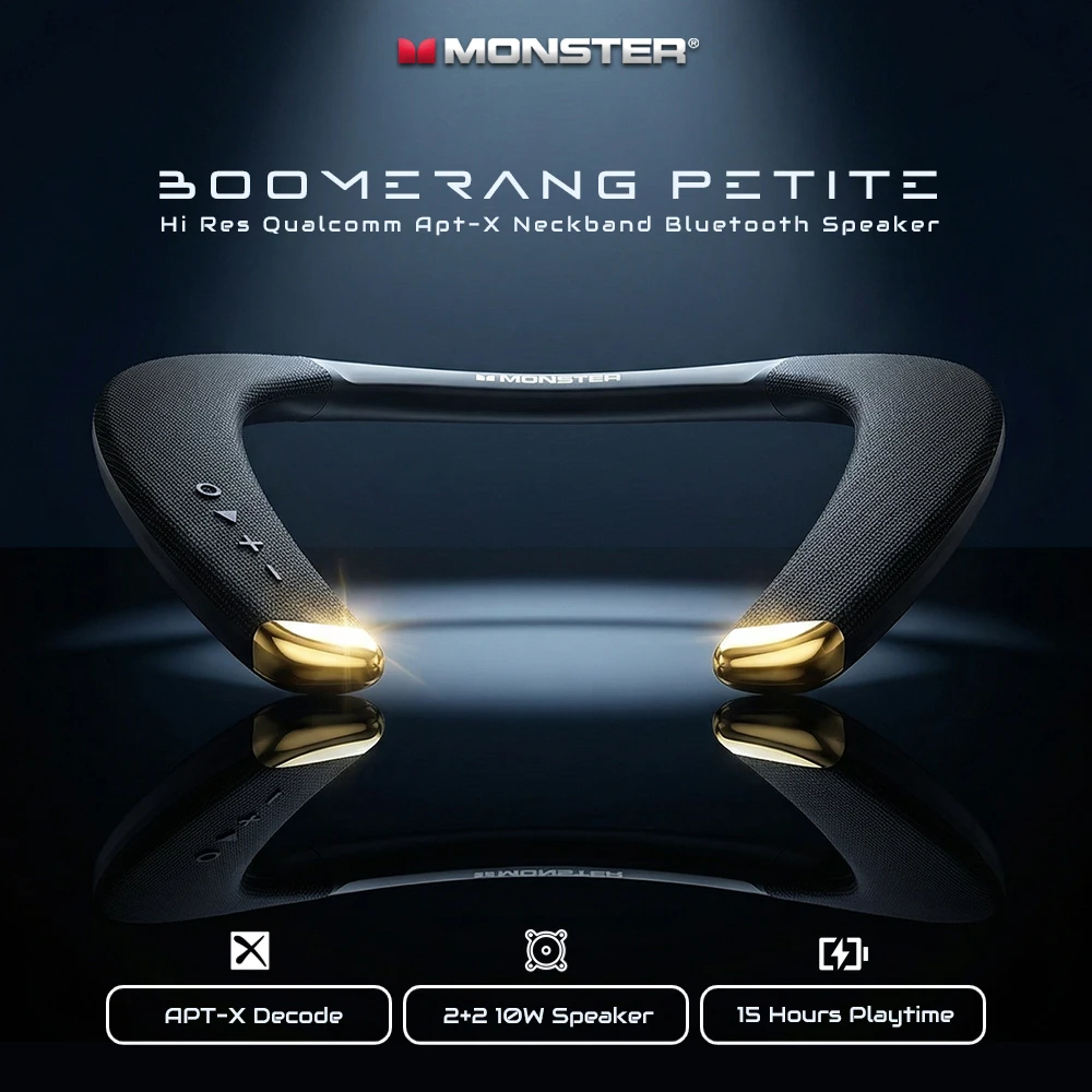 Caixa de Som Bluetooth Monster Boomerang Petite com Microfone, Alto-falantes de Pescoço Hi-Res Qualcomm APT-X, IPX5, Sem Fio e Vestíveis