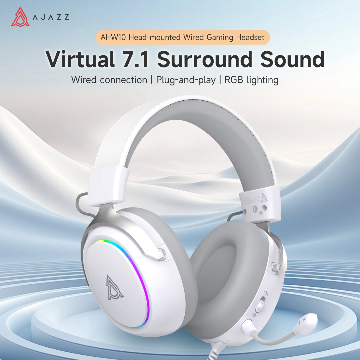 Fone de ouvido para jogos com fio Ajazz AHW10, iluminação RGB, plug-and-play, alto desempenho/bateria de longa duração para jogadores
