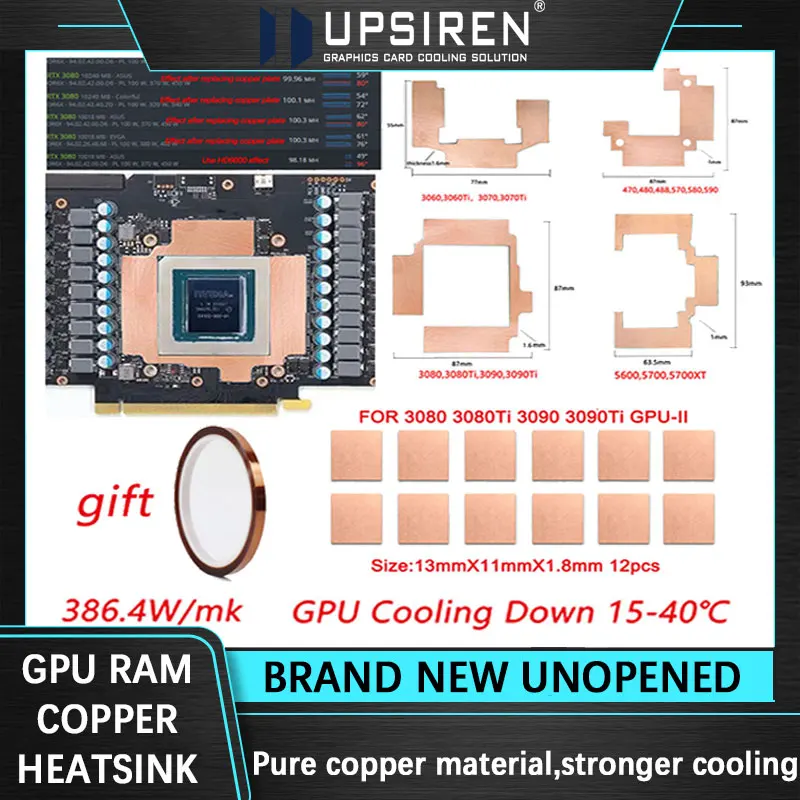 Dissipador de calor de cobre gpu ram para radiador memória mineiro rtx 3060 3070 3080 3090/5600 5700 gpu resfriamento almofada térmica de 15-40 graus
