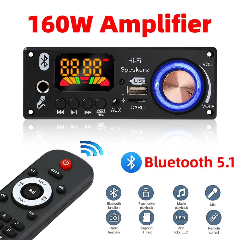 Placa decodificadora bluetooth amplificador 160w, faça você mesmo, 12v, 6.5mm, microfone, rádio fm, tf, usb, áudio do carro, reprodutor de música, alto-falantes, controle de volume