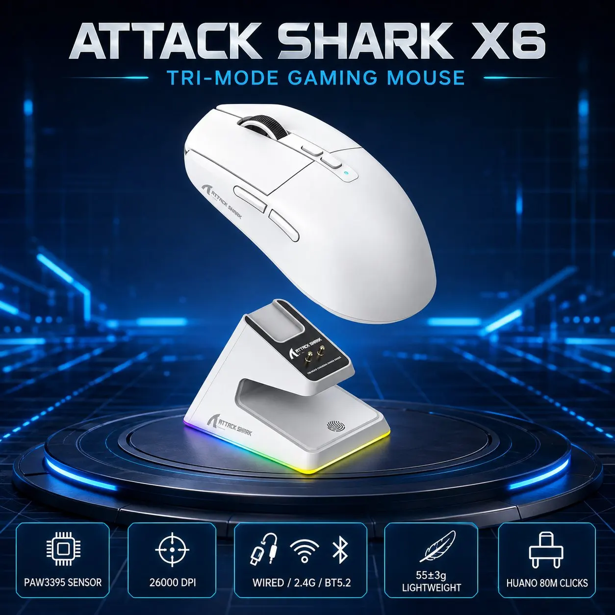 Mouse Gamer Sem Fio Tri-Mode ATTACK SHARK X6, Leve (55g), Sensor PAW3395, 26000 DPI, Dock de Carregamento RGB, Taxa de Polling de 1000Hz
