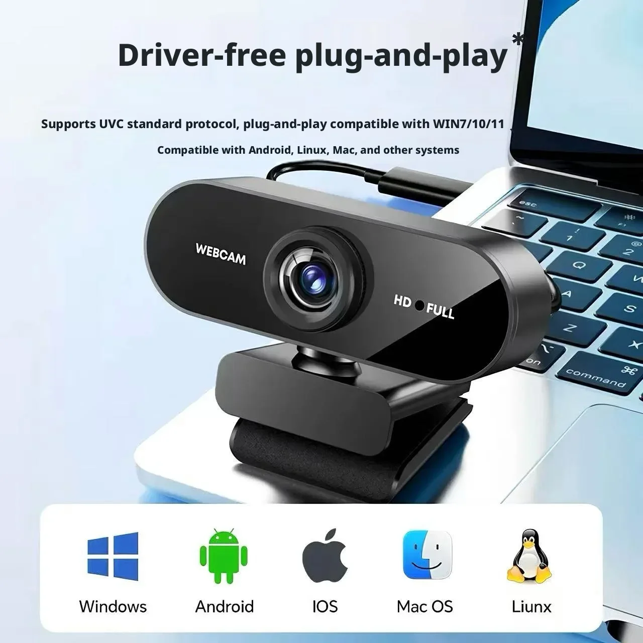 Webcam Full HD 1080P USB Plug and Play com Microfone Embutido e Clipe Rotativo para Computador, Laptop e Aulas Online