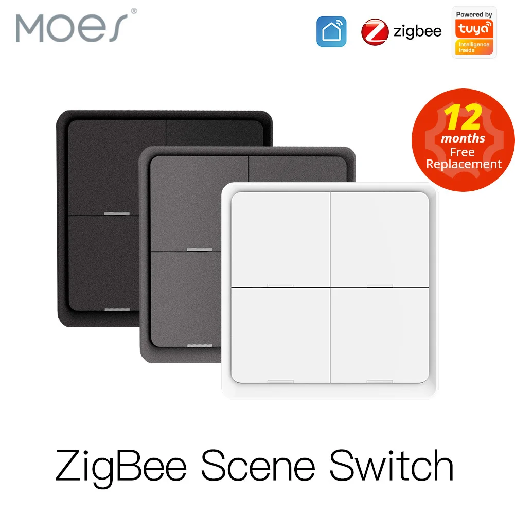 MOES-Controlador de Botão Sem Fio, Alimentado por Bateria, Dispositivos Tuya, ZigBee, Cena 12, Cenário de Automação, 4 Gangues