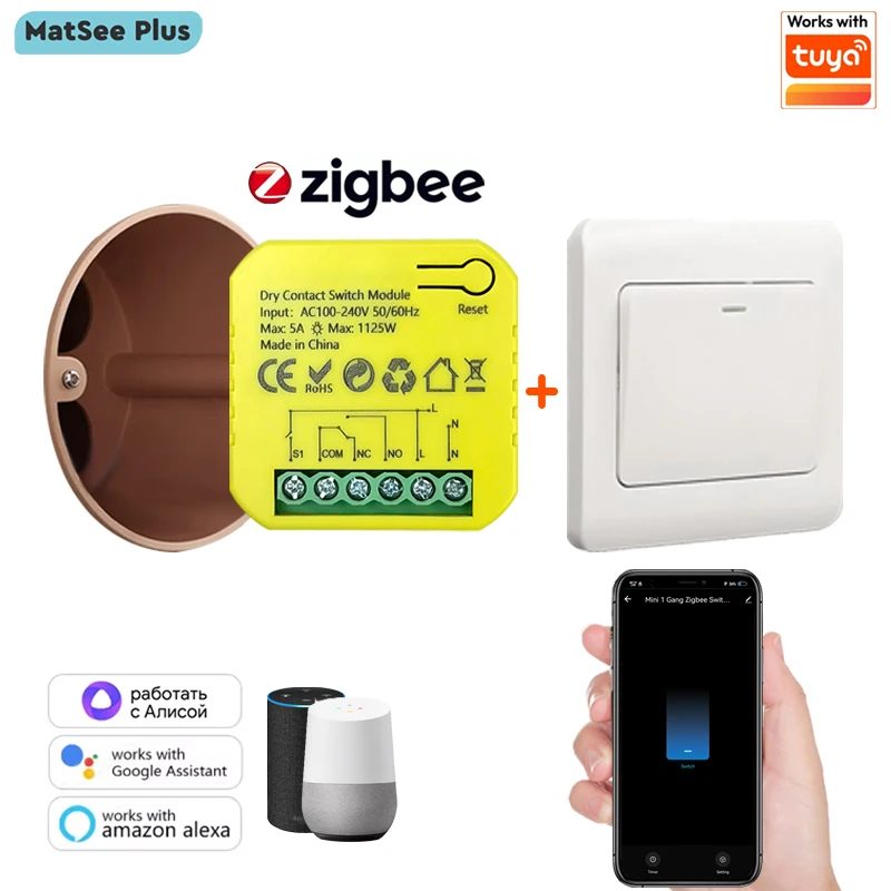 Módulo de Relé de Contato Seco Inteligente ZigBee 5A com Controle Remoto por Aplicativo e Temporizador AC100-240V, Compatível com Google Home e Alexa