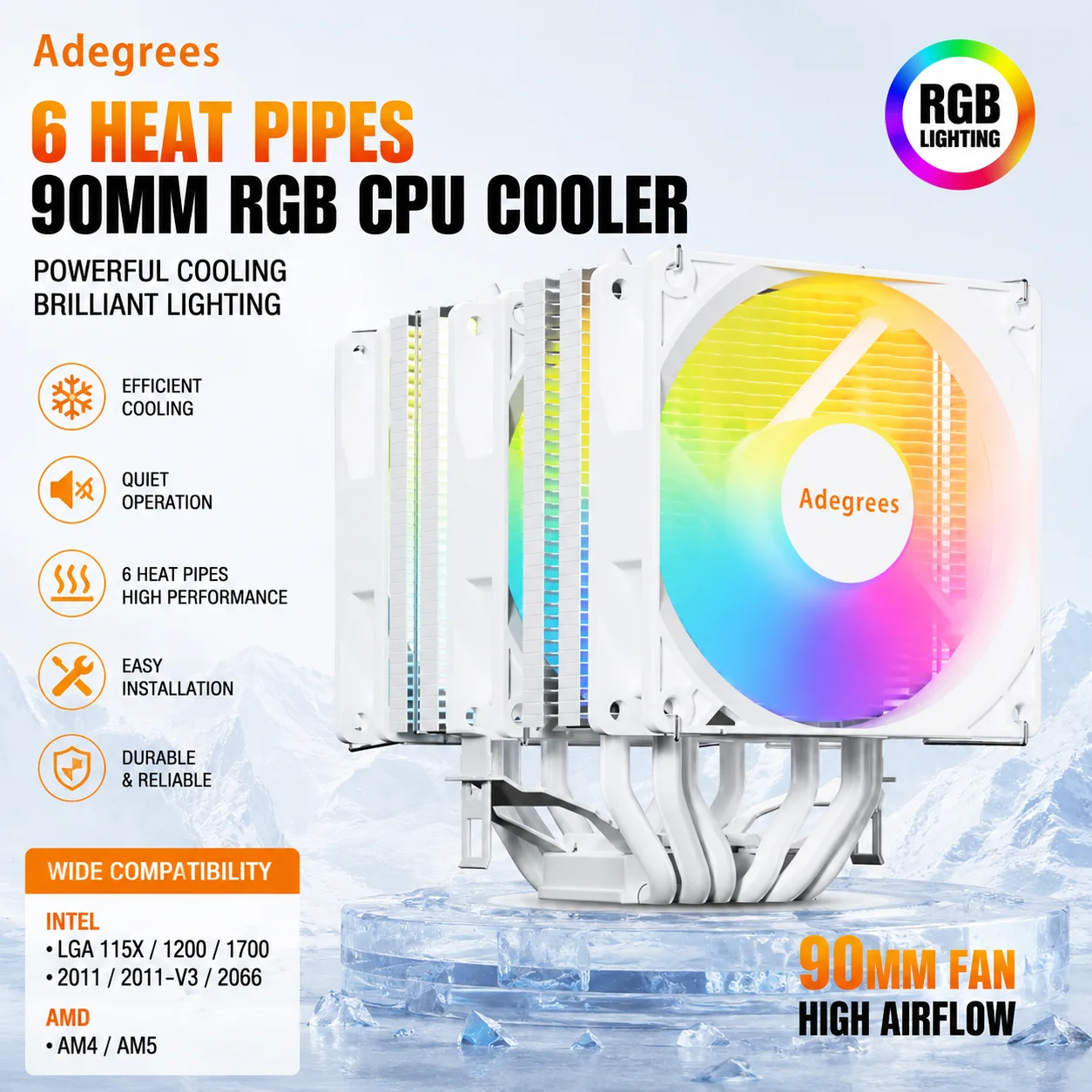 6 Tubos de Calor, Cooler RGB de 90MM para CPU, Dissipador de Calor Silencioso para Processador de Computador, Compatível com Intel LGA115X 1200 1700 2011 X99 X79 AMD AM4 AM5
