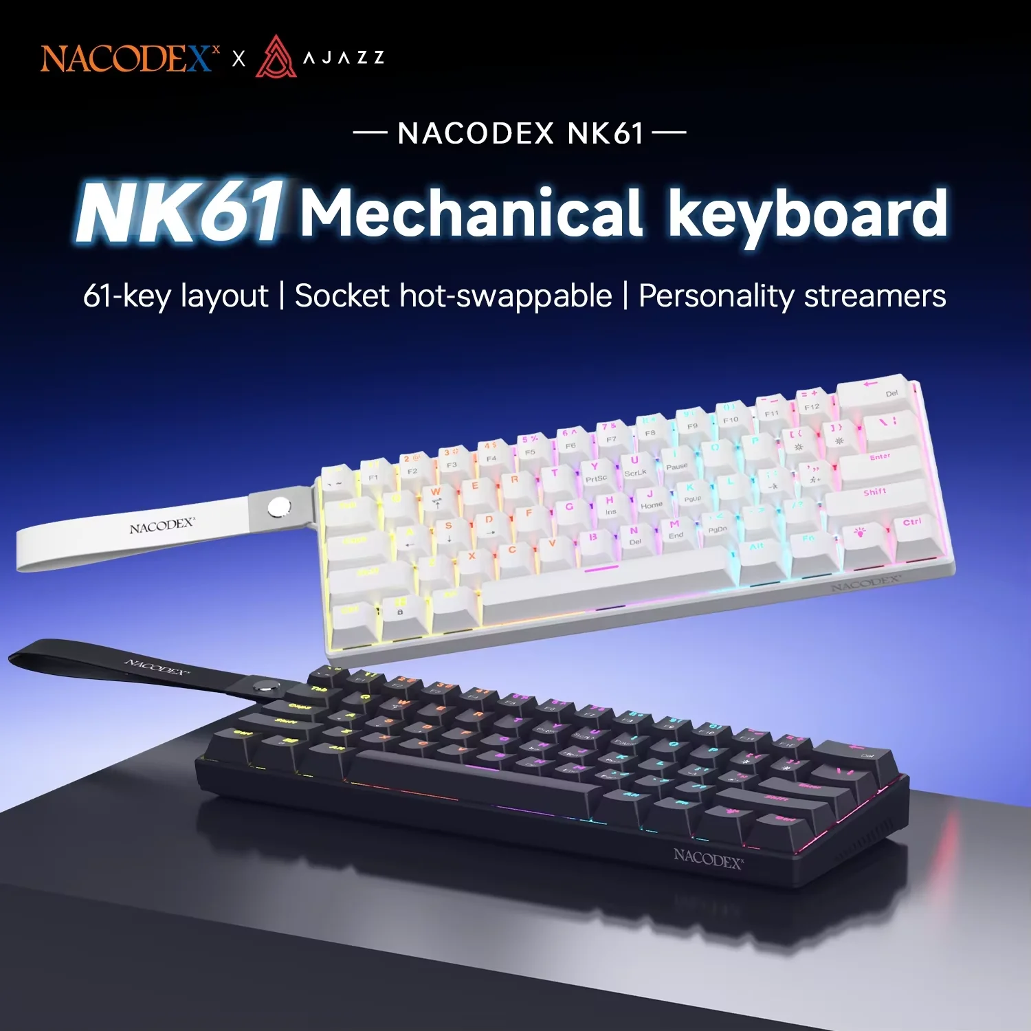 Teclado Mecânico com Fio Ajazz NK61 60% RGB Multicolorido Hot-Swap 61 Teclas para Jogos com Switches Rad para Gamers de Esports