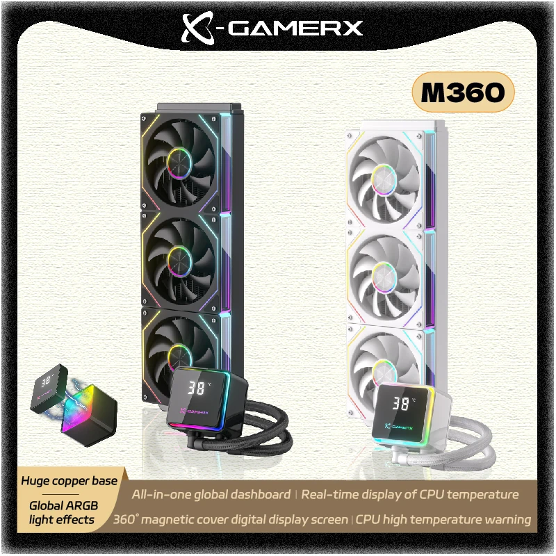 Cooler Líquido PowerTrain X-GAMERX M360 com Efeito de Luz ARGB Global 360 ° Tampa Magnética para Resfriador de Água com Tela Digital de 360mm Cooler Líquido PowerTrain X-GAMERX M360 com Efeito de Luz ARGB Global 360 ° Tampa Magnética para Resfriador de Água com Tela Digital de 360mm