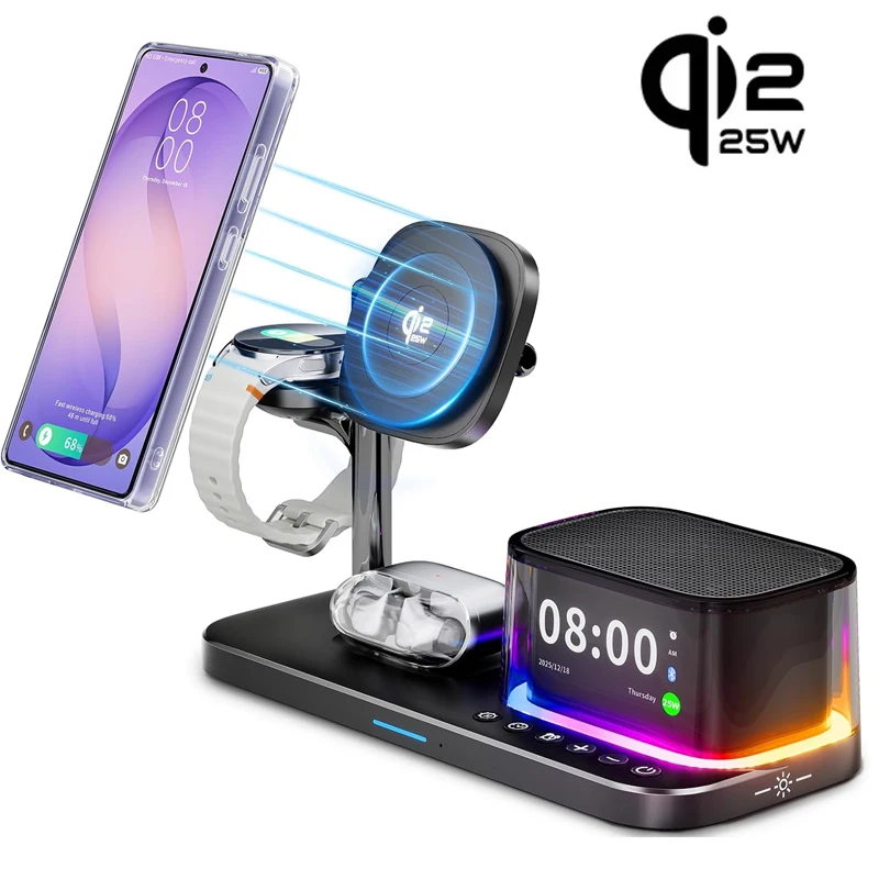 Carregador Magnético Sem Fio 25W com Suporte e Caixa de Som Bluetooth para Carregamento Rápido de iPhone Samsung S26 S25/Z Fold 7 Galaxy Watch Ultra 8 7