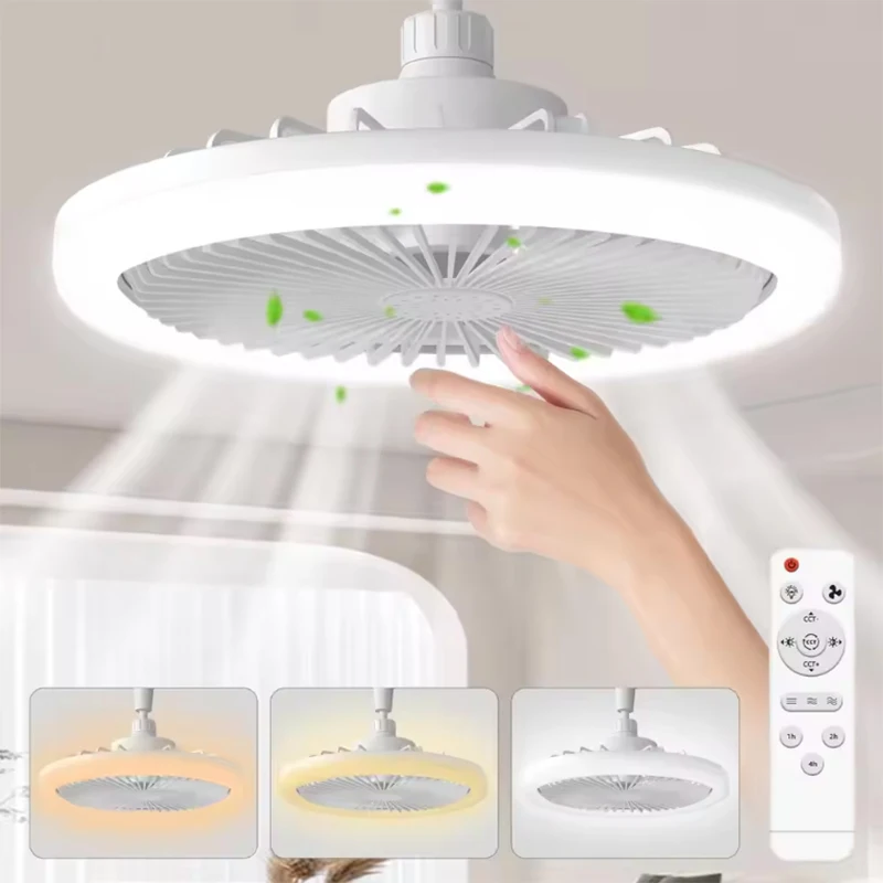 Ventilador de Teto Rotativo 3 em 1 com Luz, Base Conversora E27 LED, Controle Remoto Inteligente, Lâmpada para Quarto, Estudo, Cozinha, Decoração de Casa