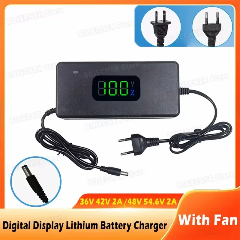 Carregador de Bateria de Lítio com Display Digital AC100-240V 36V 42V / 48V 54.6V 2A Adaptadores de Fonte de Alimentação com Plugue DC e Ventilador de Resfriamento EU US