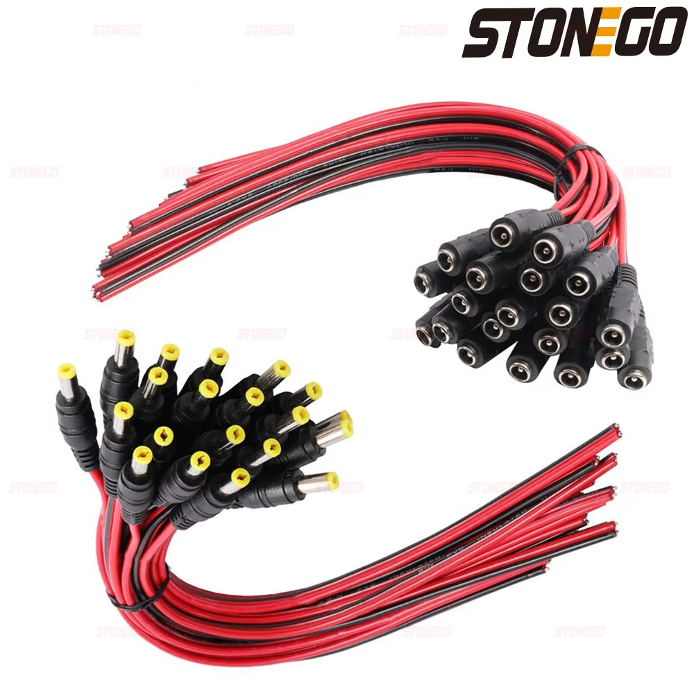 STONEGO 10/20/50PCS Conectores DC 12V Macho e Fêmea, Cabo Adaptador de Linha de Fio, Plugue de Fonte de Alimentação 5.5 X 2.1mm