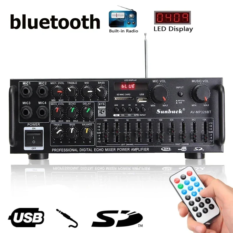 Amplificador de potência de áudio bluetooth, 2000w, alto-falante hifi, 12v, av amp, controle remoto para carro, casa, dança quadrada, 2.0 canais Amplificador de potência de áudio bluetooth, 2000w, alto-falante hifi, 12v, av amp, controle remoto para carro, casa, dança quadrada, 2.0 canais