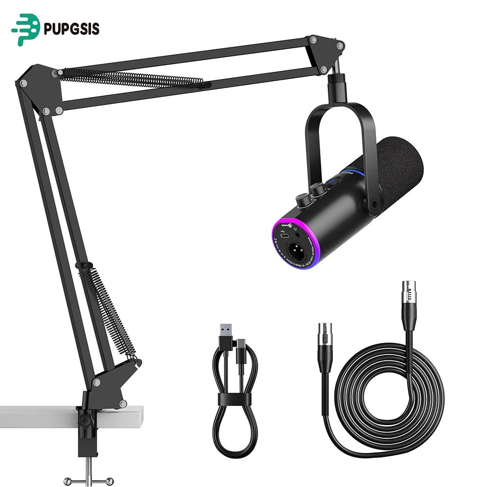 Kit de Microfone para Jogos XLR/USB: Microfone Dinâmico para PC para Streaming e Podcast, Botão Mudo, Efeitos de Reverb, Microfone RGB para Computador com Suporte