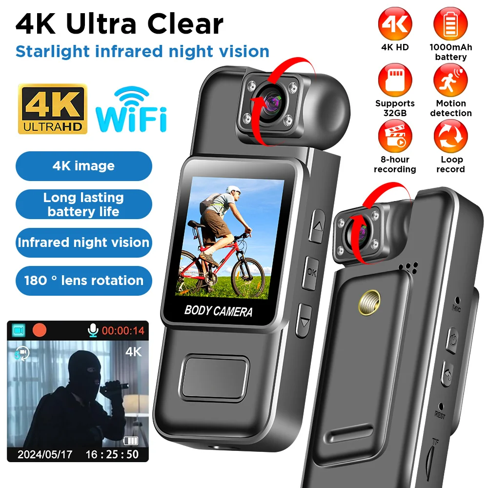 Ultra HD 4K WiFi Mini Câmera Portátil Gravador de Vídeo Digital Polícia BodyCam Visão Noturna Infravermelha Esportes DV Equitação Camcorder 1]