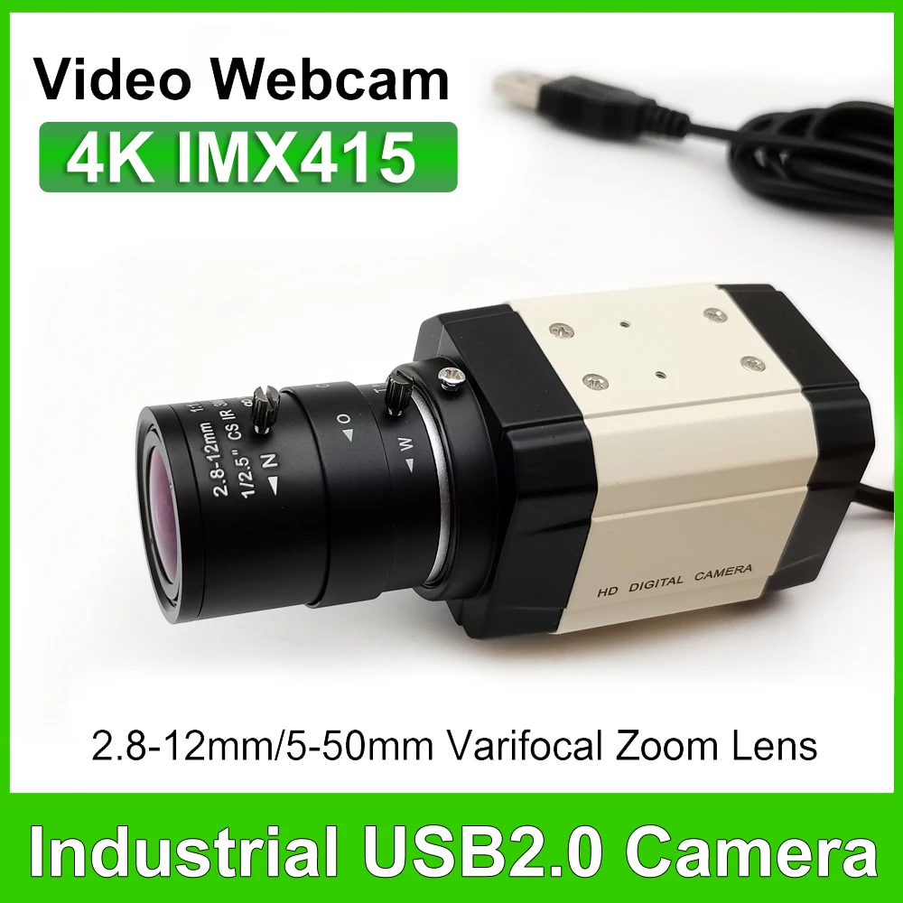 Câmera USB 4K 8MP 30fps com Sensor F5253 2K, Webcam USB Full HD OTG UVC Plug and Play Sem Lente/2.8-12mm/5-50mm Zoom Varifocal