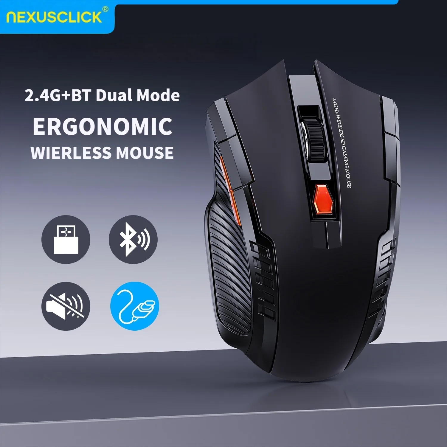 Mouse Óptico Sem Fio NEXUSCLICK, 1600DPI, 6 Cliques Silenciosos, Novo Mouse para Jogos e Artesanato, em Estoque, Receptor USB para Escritório e Gamers