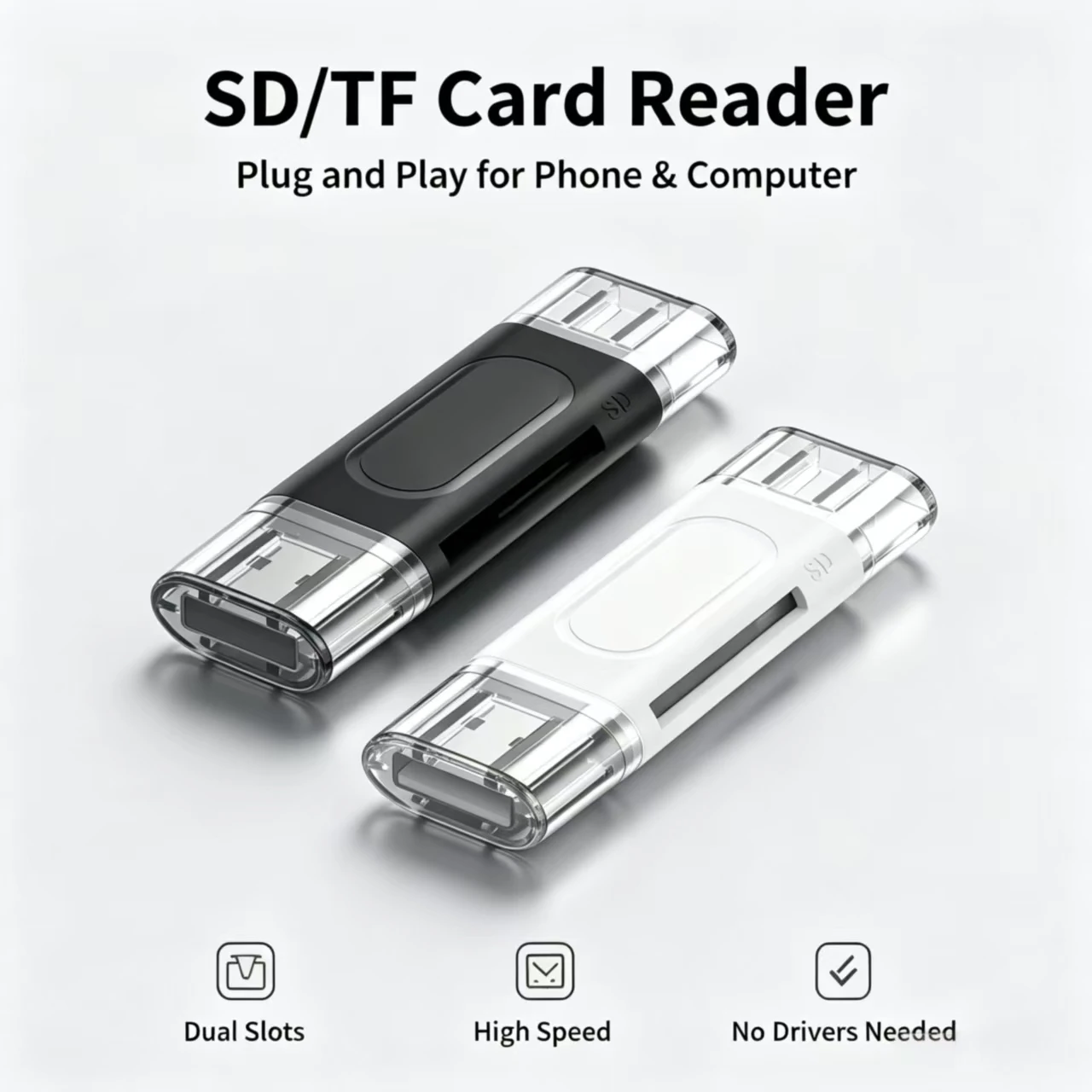 Leitor de cartões com duas portas USB-A e Type-C, compatível com cartões de memória SD e TF, adaptador de cartão de memória OTG de fácil instalação para smartphones e laptops.