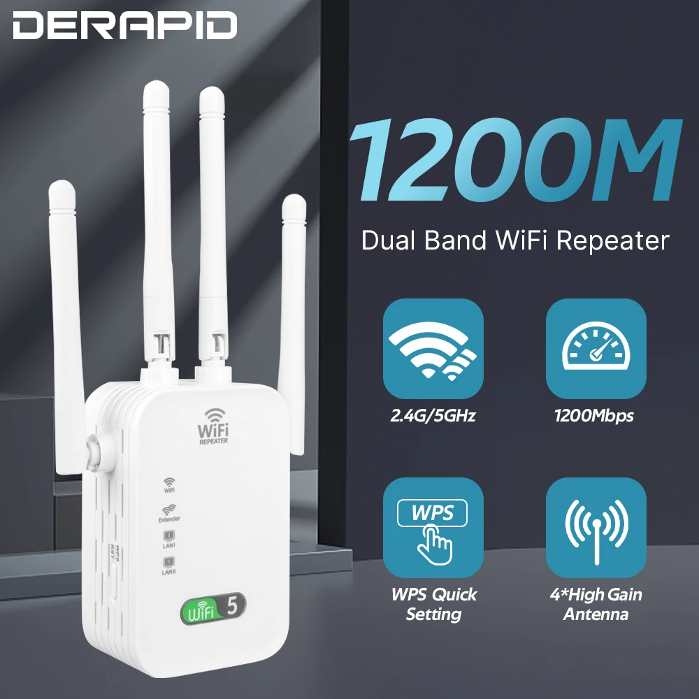 Repetidor WiFi de banda dupla, extensor de sinal sem fio, 2.4G, 5GHz, amplificador wi-fi, roteador, longo alcance, impulsionador para casa, 1200Mbps